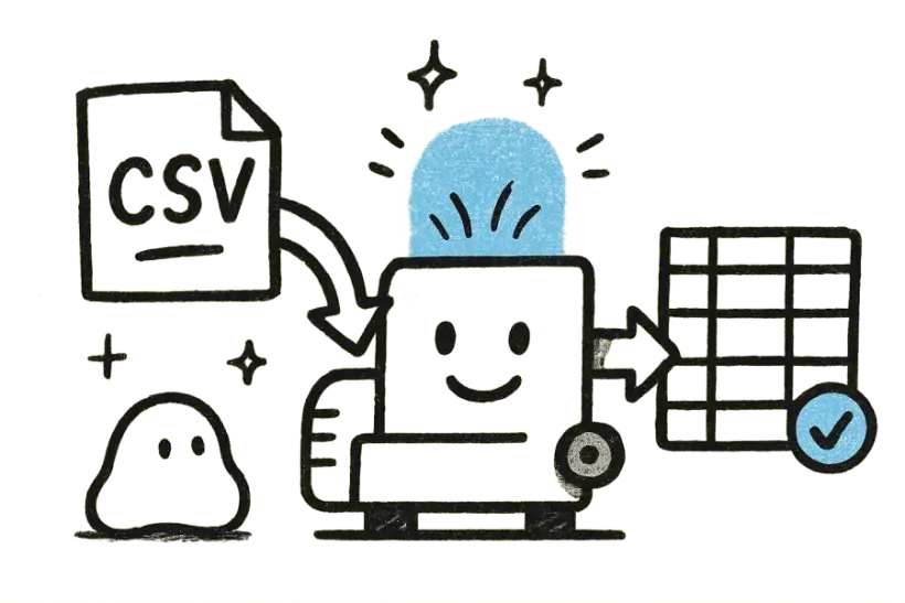 A CSV file passing through an AI machine and returning translated