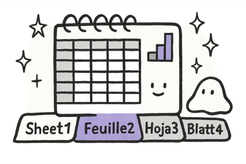 A spreadsheet with multiple sheet tabs, all translated