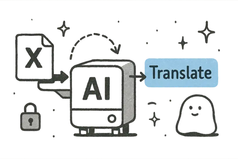 An Excel file passing through an AI machine and returning translated