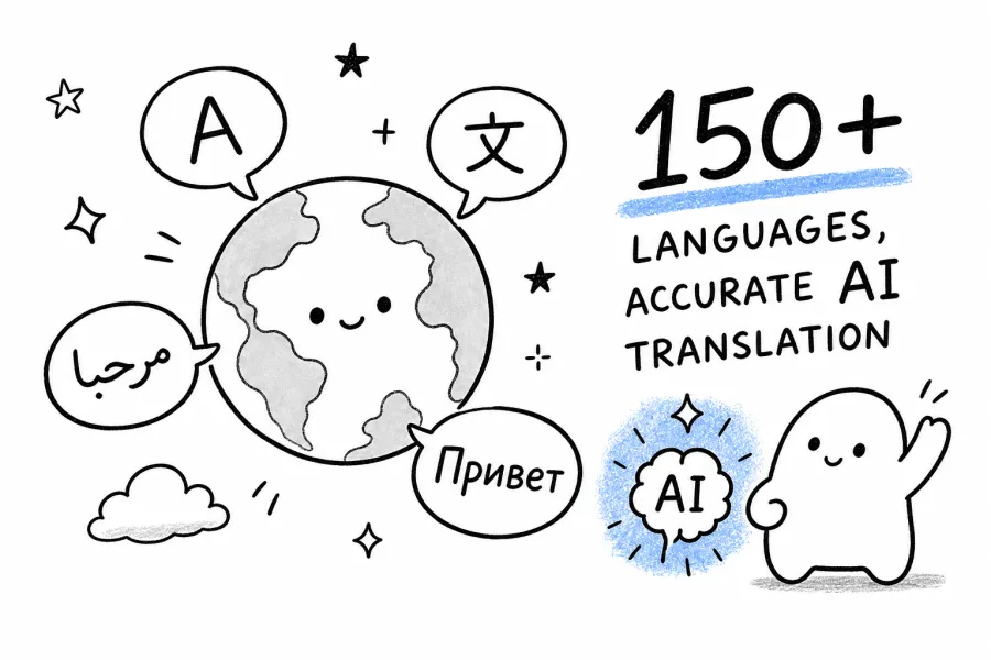 A globe surrounded by speech bubbles in different languages with an AI icon