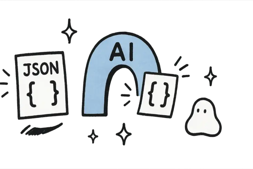 A JSON file passing through an AI archway and coming out translated