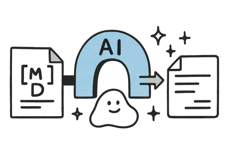 A Markdown file passing through an AI archway and coming out translated