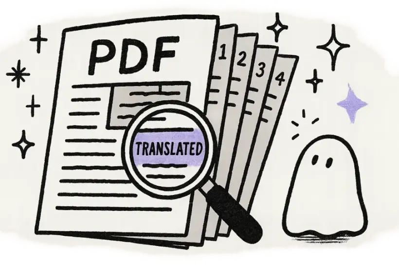 A multi-page PDF fanned open with a magnifier over translated text