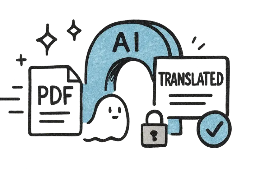A PDF passing through an AI archway and coming out translated