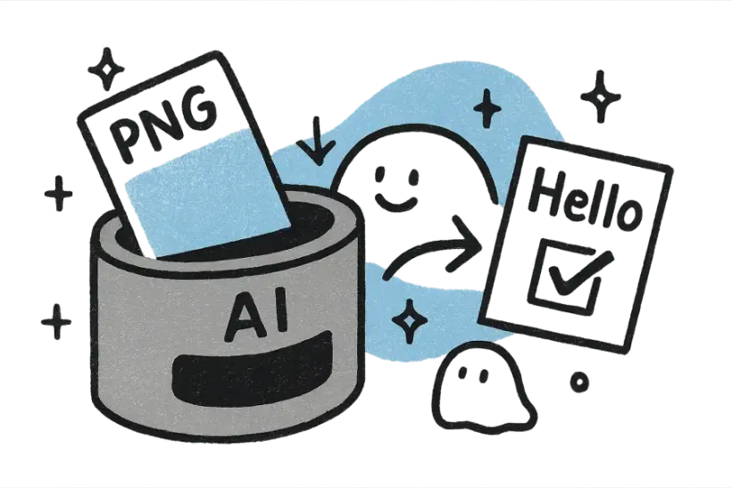 A PNG file passing through an AI machine and returning translated