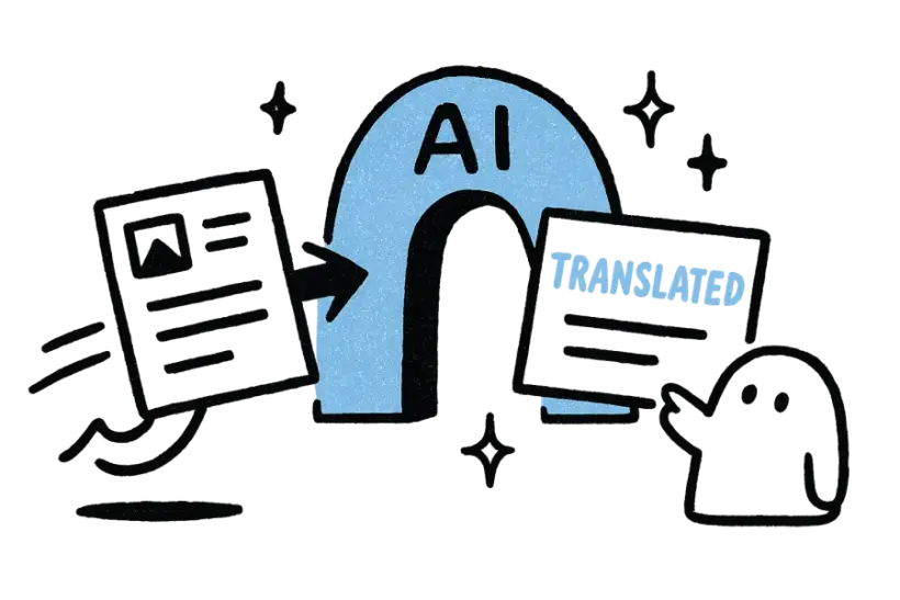 A slide deck passing through an AI archway and coming out translated