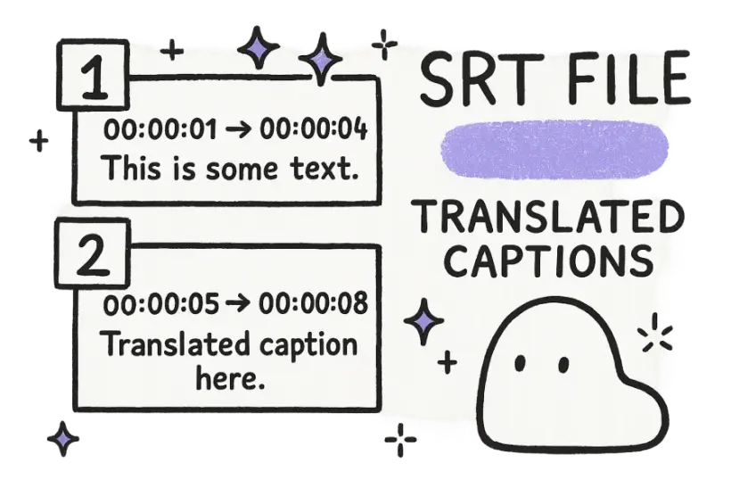 An SRT file with numbered cues, timestamps, and translated text