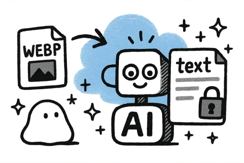 A WebP file passing through an AI machine and returning translated