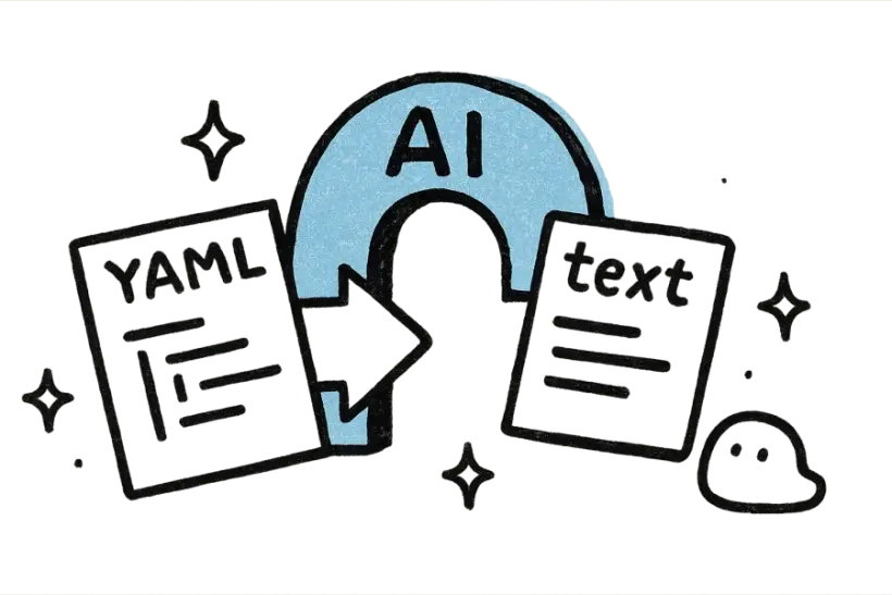 A YAML file passing through an AI archway and coming out translated
